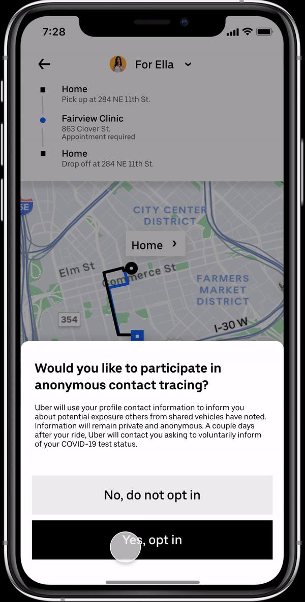 Contact tracing opt-in and driver information screens