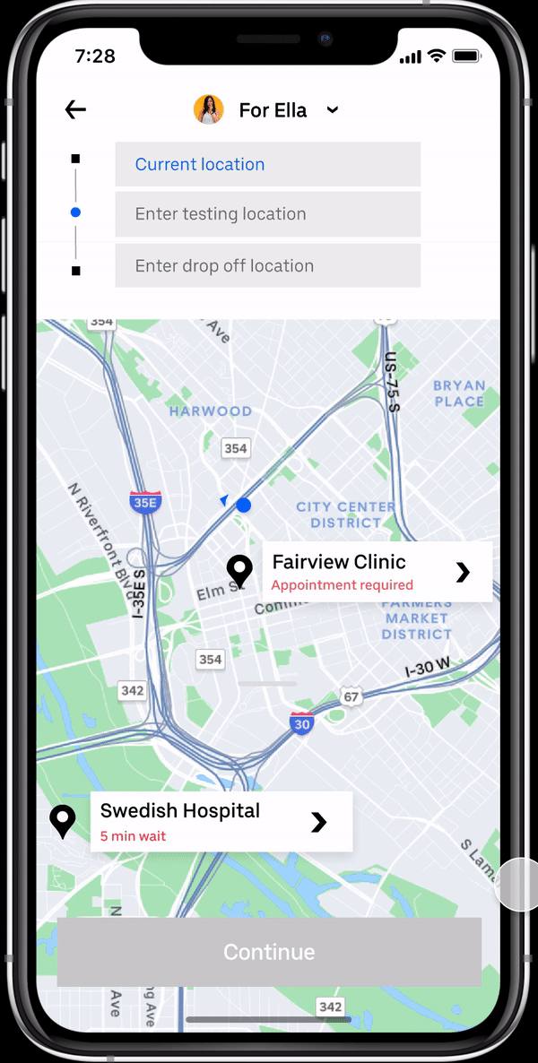 Selecting a testing location on the map with wait times and appointment requirements
