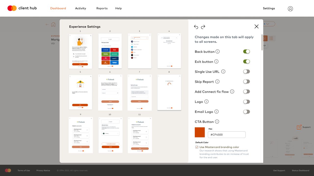 Experience Settings with toggles, logo and CTA color