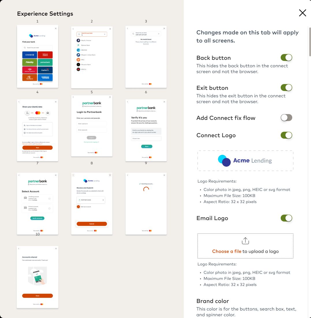 Experience settings panel with toggles for back button, exit button, logos and brand color