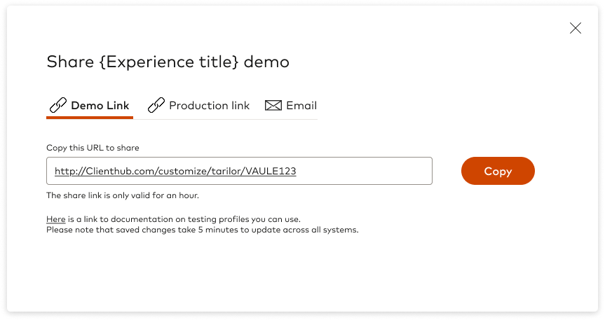 Share dialog with demo link, production link and email tabs