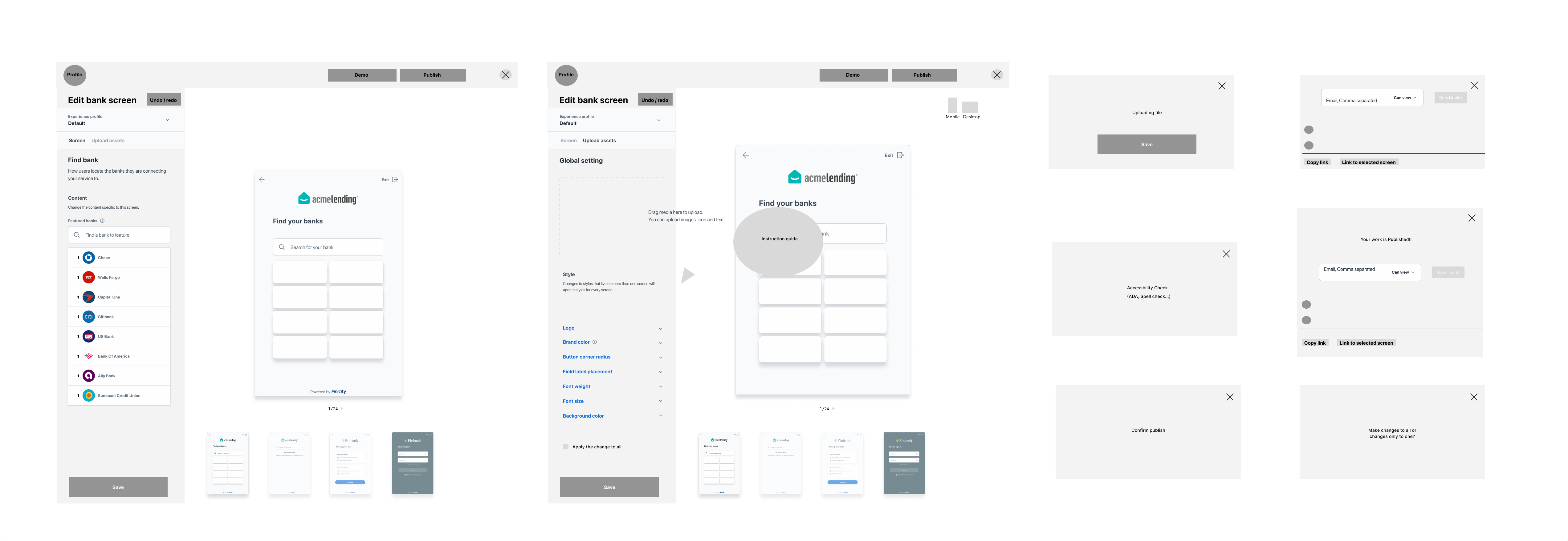 Wireframes of the Customize Connect editor, upload flow and publish dialogs