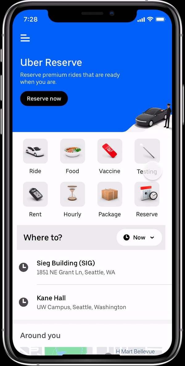 Uber home screen with the Testing tile in the service menu