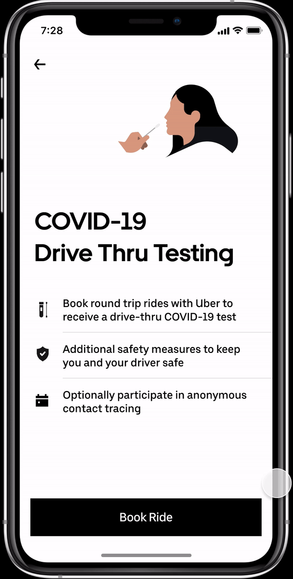Round trip to a drive-thru test, booked in the app