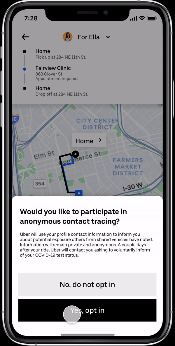 Contact tracing opt-in and driver information screens