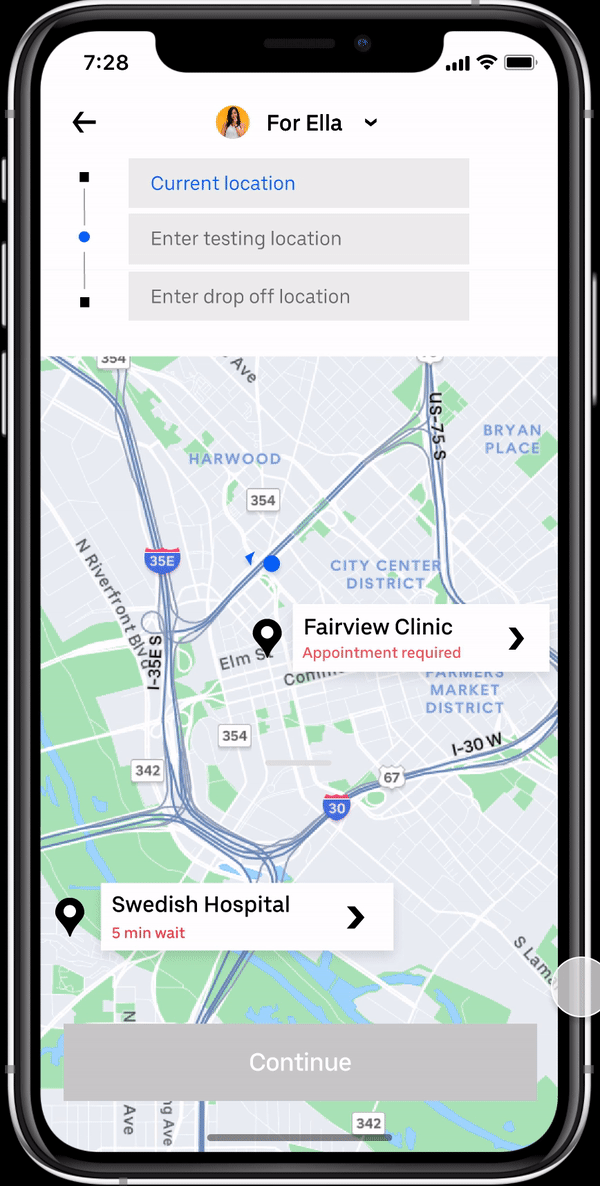 Selecting a testing location on the map with wait times and appointment requirements