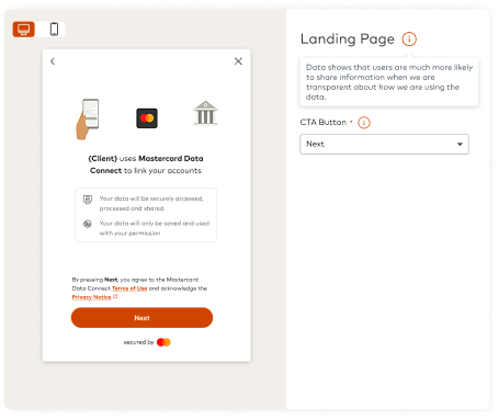 Landing page editor with an inline tooltip explaining the data transparency copy